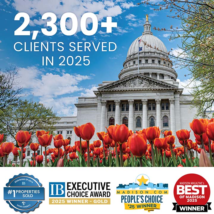 Stark Accolades 2025 featuring logos for InBusiness Book of Lists 2025 #1 Dane County Sales, Madison.com People's Choice Award winner, Best of Madison 2025 winner, and text reading 2,300+ clients served in 2025